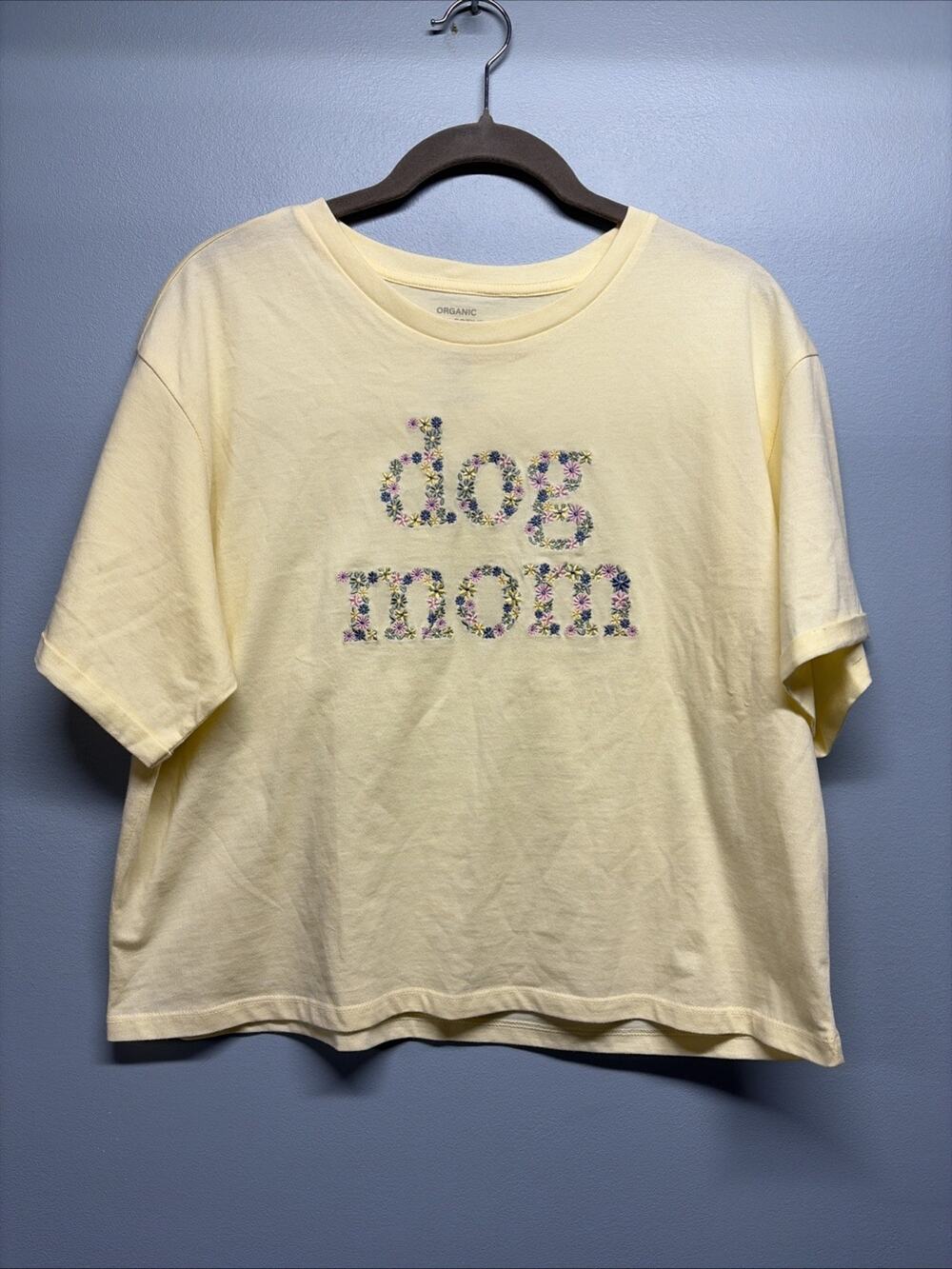 Organic Collective Women’s T-Shirt - Yellow “Dog Mom” Floral Print - Size Large